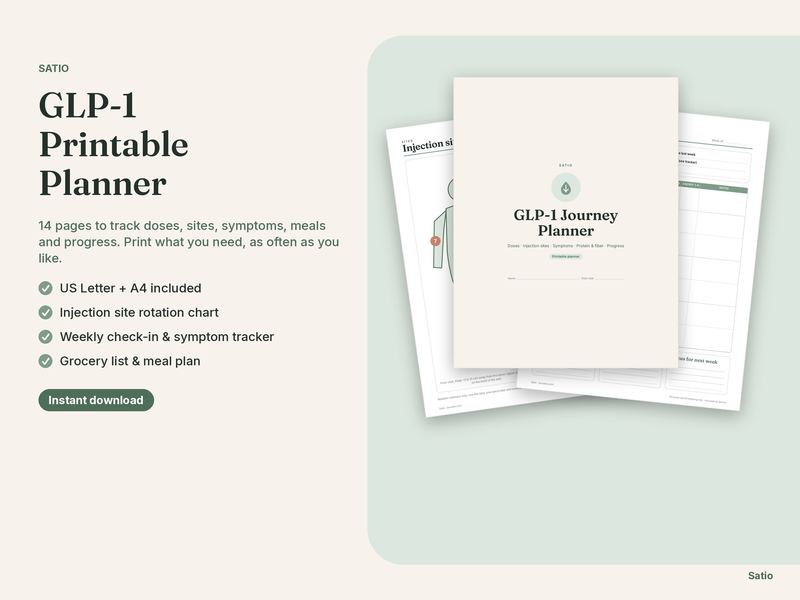 Printable GLP-1 planner pages with weekly check-in and injection-site map